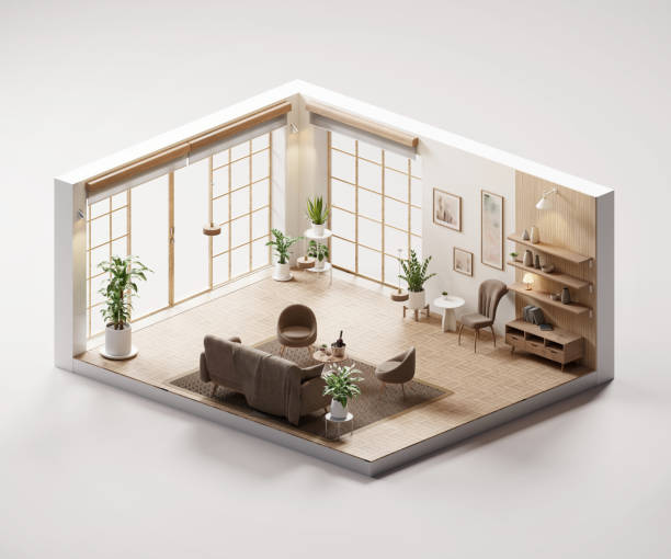 istock Isometric view living room muji style open inside interior architecture 3d rendering 2119018431