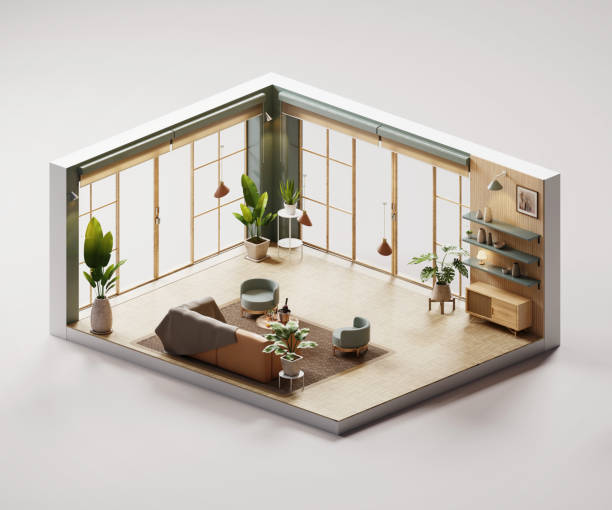 istock Isometric view living room muji style open inside interior architecture 3d rendering 2119018537