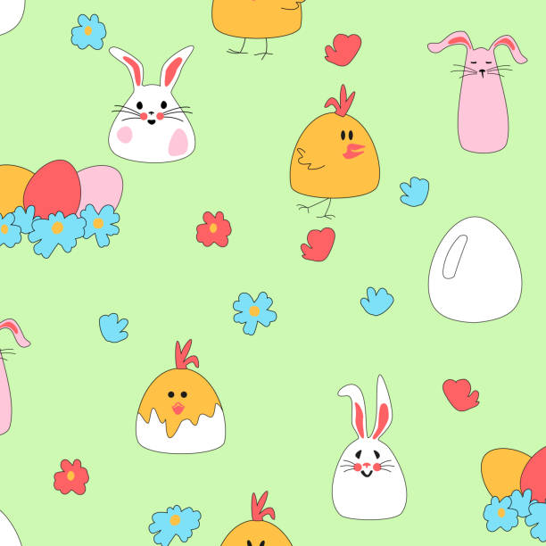 ilustrações, clipart, desenhos animados e ícones de seamless pattern with easter chickens, hares, eggs in a nest. daisies on a green background for baby products. cute rabbits for baby clothes. vector illustration for printing packaging, fabric and textiles. - easter animal nest multi colored cheerful