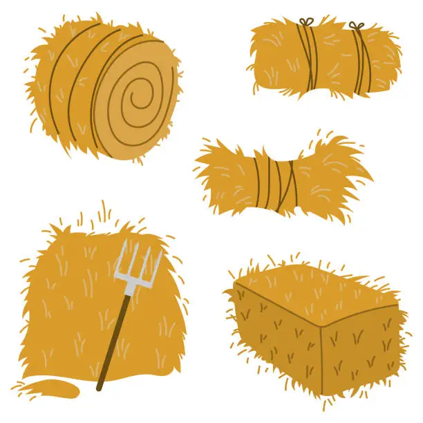 Vector illustration of Haystacks set, flat yellow haystacks, agriculture, countryside concept, hay vector clipart