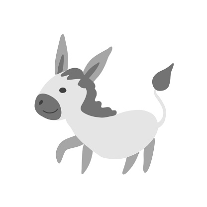 Gray Donkey vector cartoon illustration isolated on white background, Simple flat symbol, decorative funny mammal sign for design zoo alphabet, travel advertising, protection of animal