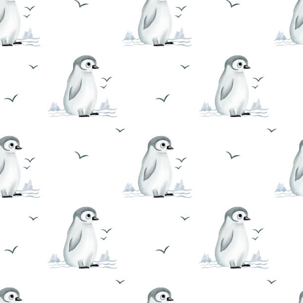 illustrazioni stock, clip art, cartoni animati e icone di tendenza di modello senza soluzione di continuità con pinguino acquerello. carta da parati infantile carina. sfondo di animali polari - fairy penguin