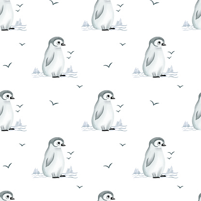 Seamless pattern with watercolor penguin. Cute childish wallpaper. Polar animals background
