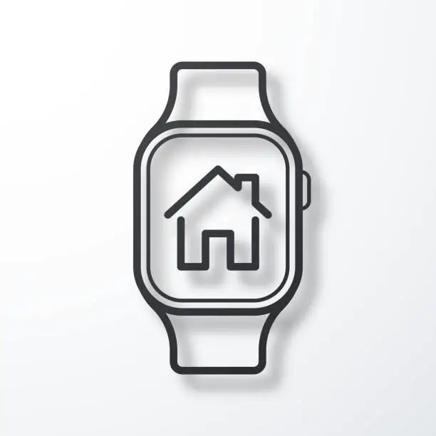 Vector illustration of Smartwatch with smart home. Line icon with shadow on white background