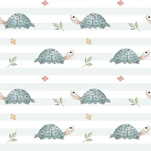 Vector illustration of Seamless pattern with watercolor turtle. Cute childish background. Watercolor animals wallpaper in pastel colors