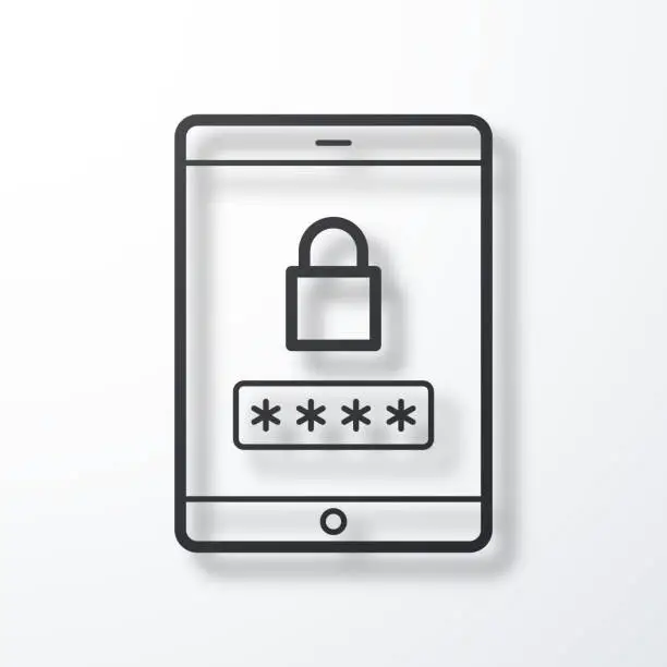 Vector illustration of Tablet PC with password. Line icon with shadow on white background