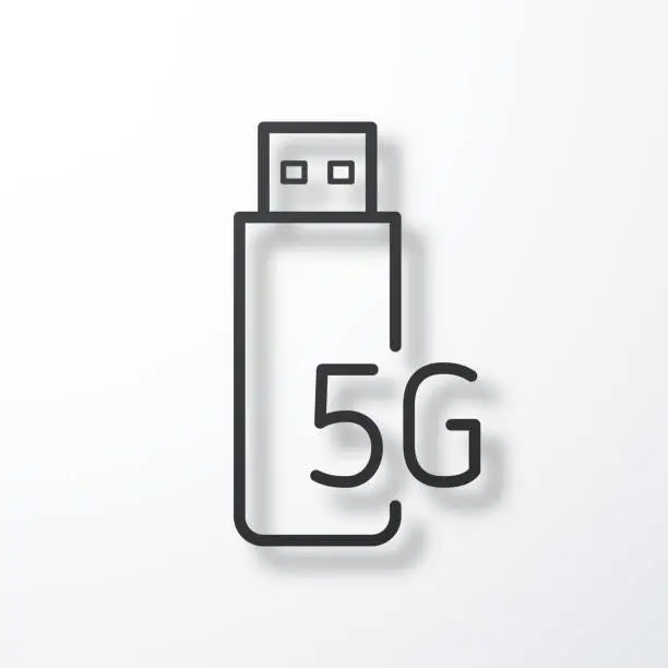 Vector illustration of 5G USB modem. Line icon with shadow on white background