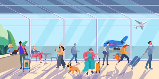 Vector illustration of Airport waiting room on a sunny day. Interior inside the airport terminal with people and luggage. A plump woman with a dog. Flight check in counter. Flat vector illustration for banner,and advertising