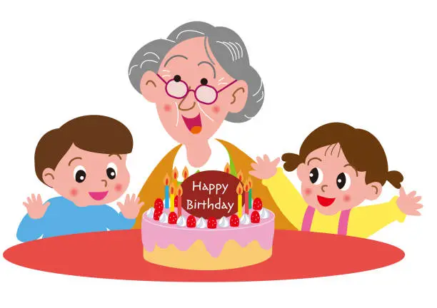 Vector illustration of Children celebrating grandma's birthday with birthday cake