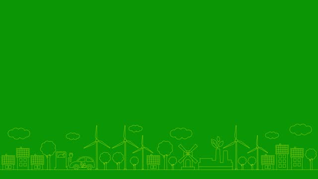 Animated linear yellow icon of green energy city. Line symbols is drawn. Concept of Sustainability, environment, renewable energy, green technology. Illustration isolated on green background.