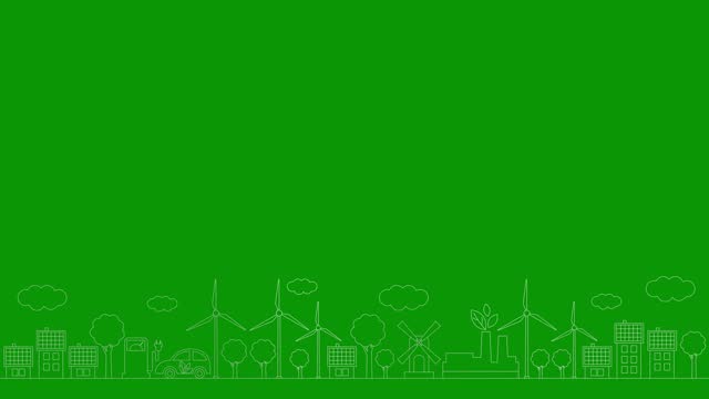 Animated linear silver icon of green energy city. Line symbols is drawn. Concept of Sustainability, environment, renewable energy, green technology. Illustration isolated on green background.