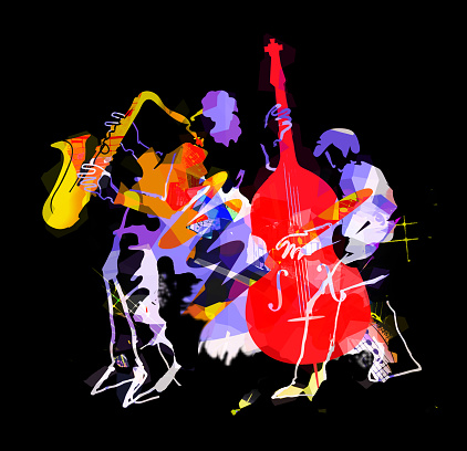 Expressive colorful  Illustration of two jazz musicians on grunge background with music notes on black background.