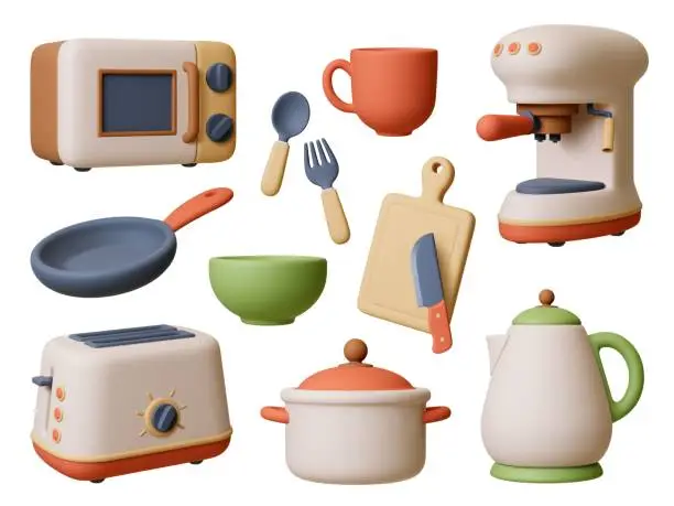 Vector illustration of Cooking equipment 3d render. Isolated kitchen appliances and crockery. Pan, teapot, microwave and espresso coffee maker. Pithy realistic vector set