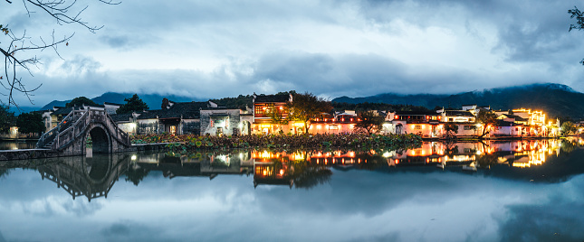 Panorama of Hongcun Village at dusk, Anhui Province, China