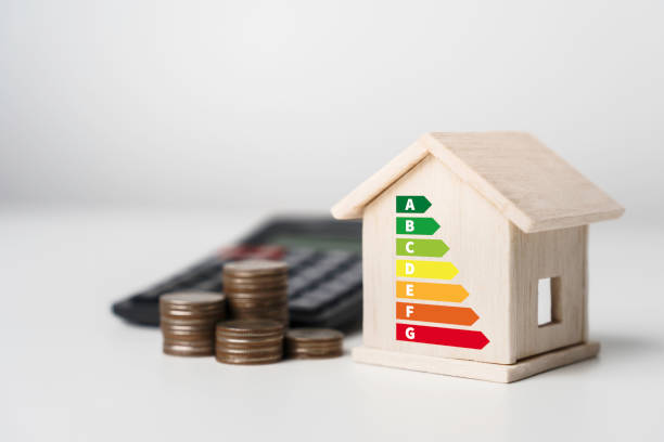 House energy efficiency, energy efficient rating class concept, eco home renovation save cost. Low-consumption ecological house. Green Building for Sustainable Development Concept