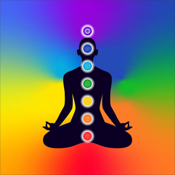 istock Chakra system on silhouette of human body sitting in lotus position. Charkas informational illustration 2119141109