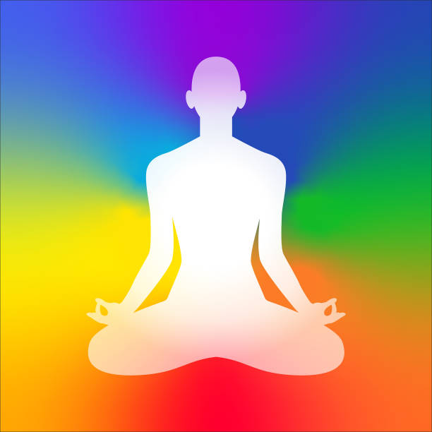 istock Chakra system on silhouette of human body sitting in lotus position. Charkas informational illustration 2119141622