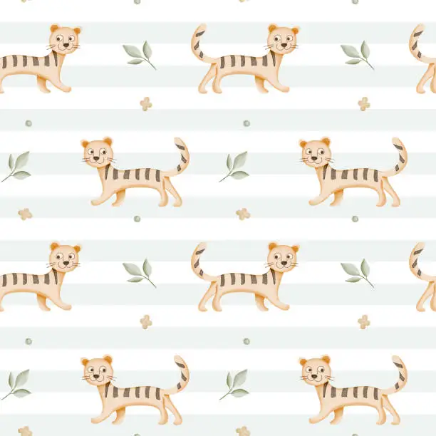 Vector illustration of Seamless pattern with watercolor tiger. Cute childish background. Watercolor baby tiger wallpaper