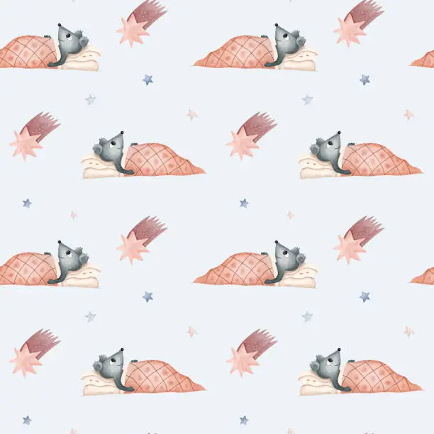Vector illustration of Seamless pattern with watercolor sleeping mouse. Cute childish background. Watercolor mouse wallpaper