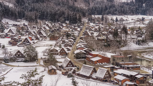 Timelapse of Shirakawa-go village Gassho house, Gifu in snow winter season
