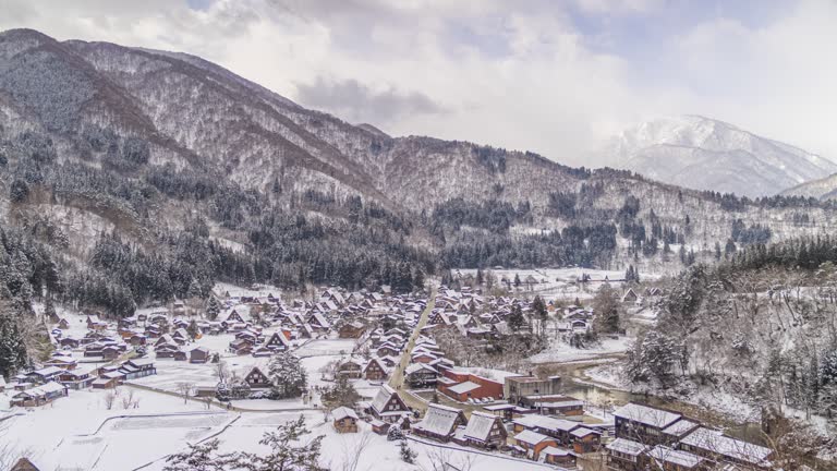 Timelapse of Shirakawa-go village Gassho house, Gifu in snow winter season