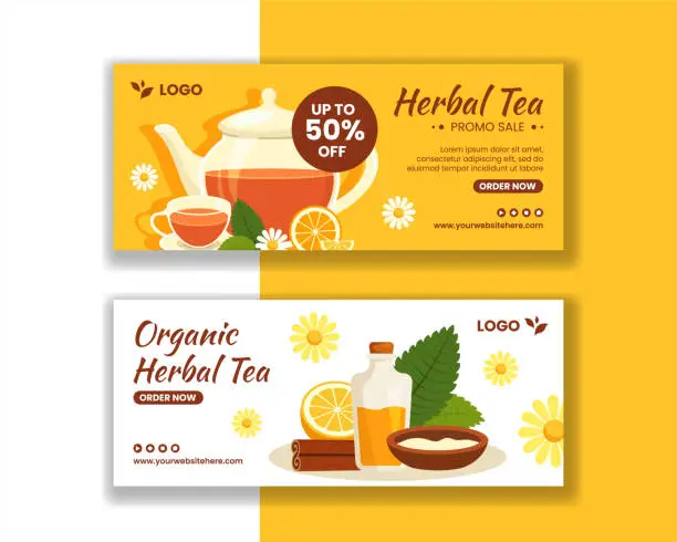 Vector illustration of Herbal Tea Horizontal Banner Flat Cartoon Hand Drawn Templates Background Illustration