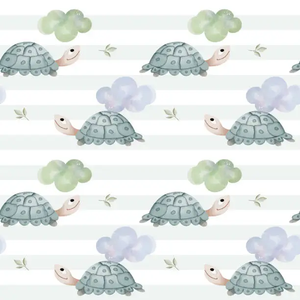 Vector illustration of Seamless pattern with watercolor turtle. Cute childish background. Watercolor animals wallpaper in pastel colors