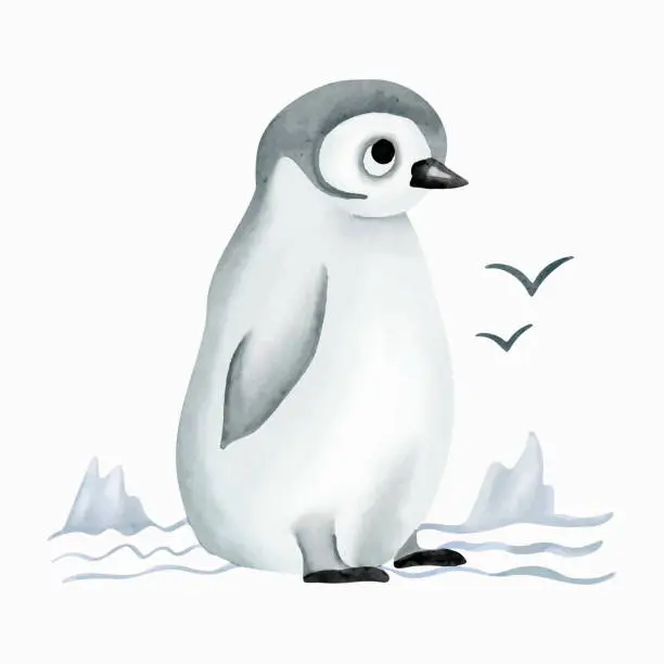 Vector illustration of Watercolor penguin. Hand drawn baby animals. Watercolor illustration of cute penguin