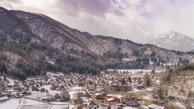 Timelapse of Shirakawa-go village Gassho house, Gifu in snow winter season