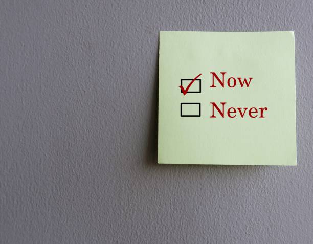 istock Blue note stick on notebook with text NOW or Never, concept of doing it now, take action to reach goals no more excuses or procrastination and get it done 2119163883