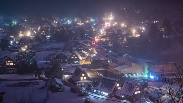 Timelapse of Shirakawa-go village snowing at night