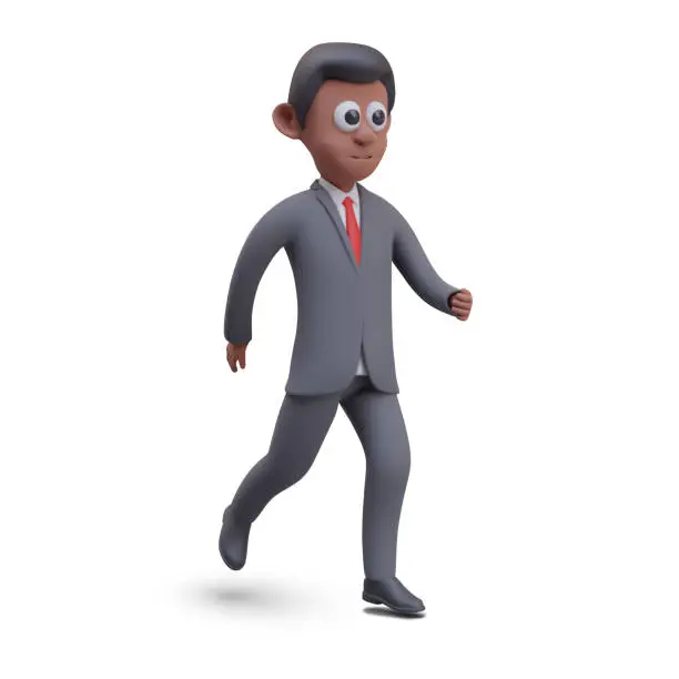 Vector illustration of Man in office suit is in hurry. Businessman is late. Vector male character running