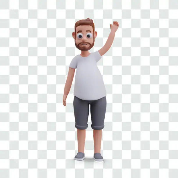 Vector illustration of Young bearded man is voting. Guy raised his hand up. Positive vector character