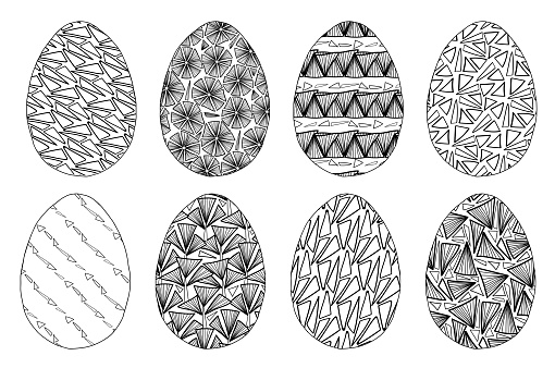 Easter egg set crystal hand drawn geometry elements. Vector illustrations for card or invitations, coloring book for kids and adult.