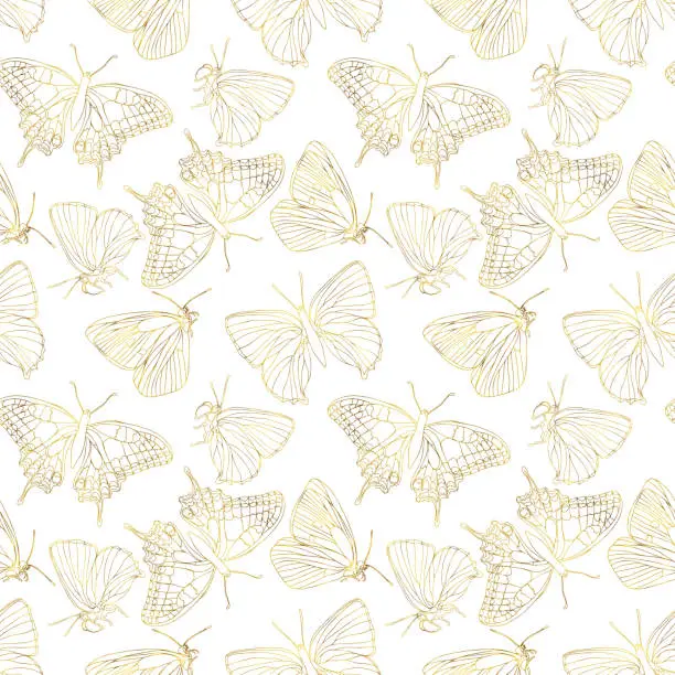 Vector illustration of Butterflies golden foil seamless pattern. Vector background for textile, fabric, wallpaper, scrapbook. Insects with wings drawing for surface design.