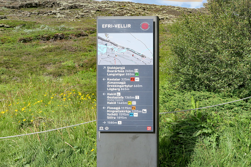 Thingvellir, Iceland - July 14, 2023: signage at the Thingvellir National Park, to find the attractions like Oxarafoss, Langistigur, efri-vellir and other nature waterfalls and creeks.