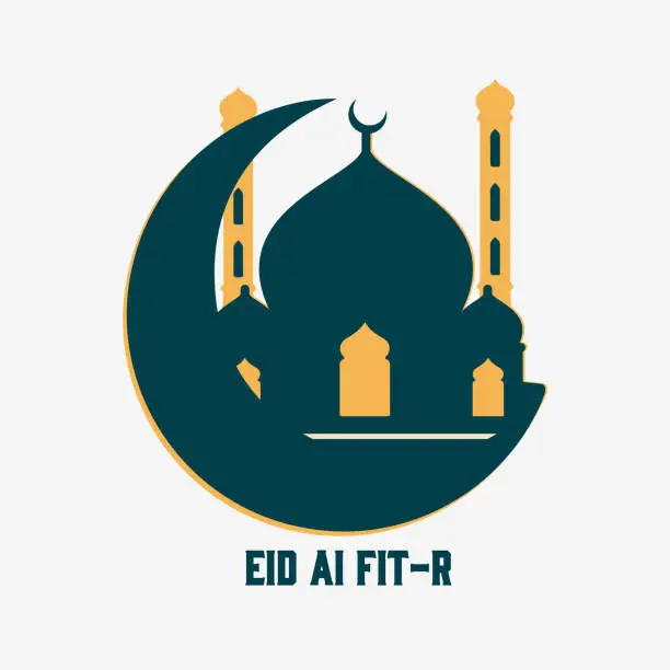 Vector illustration of Eid Al Fitr Vector Design calligraphy with mosque and background with moon.