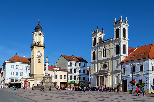 St. Francis Xavier Cathedral and clock tower on Slovak National Uprising Square in Banska Bystrica, Slovakia