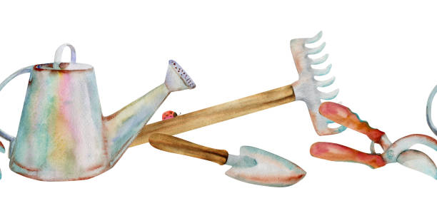 Hand drawn watercolor illustration spring gardening tools, rake shovel pruning shears watering can secateur. Seamless banner isolated on white background. Design print, shop, scrapbooking, packaging Hand drawn watercolor illustration spring gardening tools, rake shovel pruning shears watering can secateur. Seamless banner isolated on white background. Design print, shop, scrapbooking, packaging. scissors cutting wrapping paper stock illustrations
