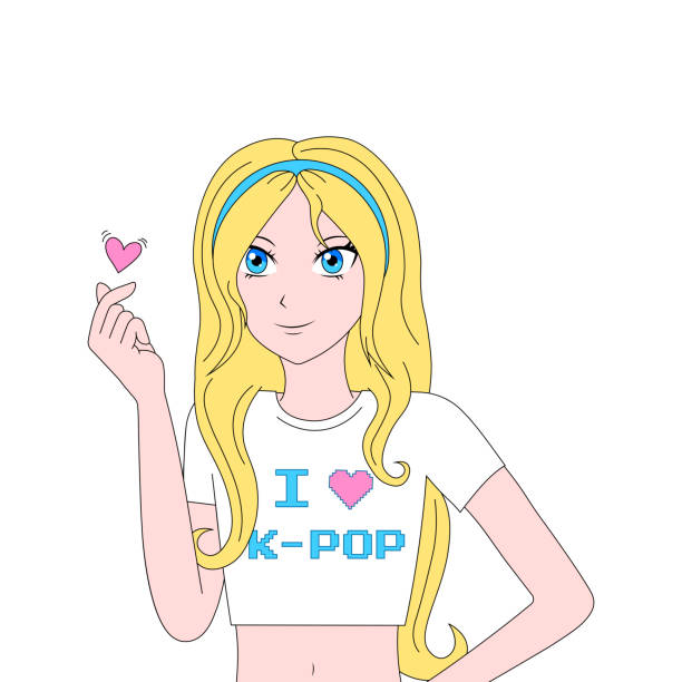 ilustraciones, imágenes clip art, dibujos animados e iconos de stock de adolescente en estilo anime que muestra corazón coreano. chica con una camiseta con la inscripción i love k-pop. ilustración vectorial aislada sobre fondo blanco - teen pop