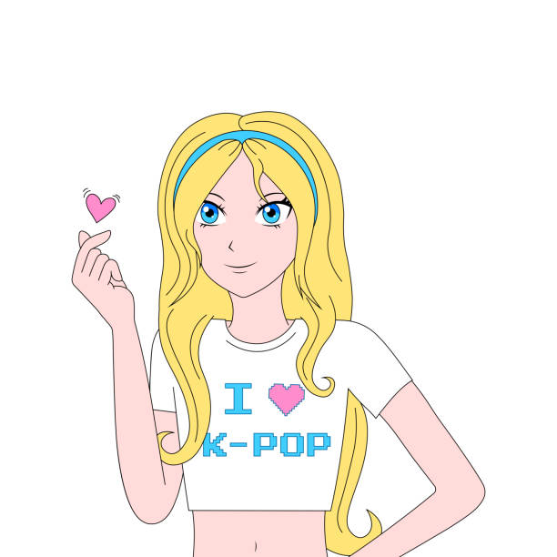 illustrations, cliparts, dessins animés et icônes de adolescente dans le style anime montrant un cœur coréen. fille en t-shirt avec l’inscription j’aime la k-pop. illustration vectorielle isolée sur fond blanc - teen pop