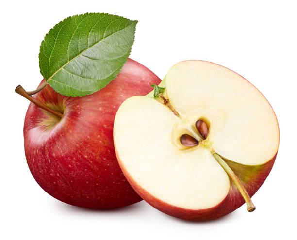 istock Apple fruit with apple slices and leaves isolated on white background 2119225654