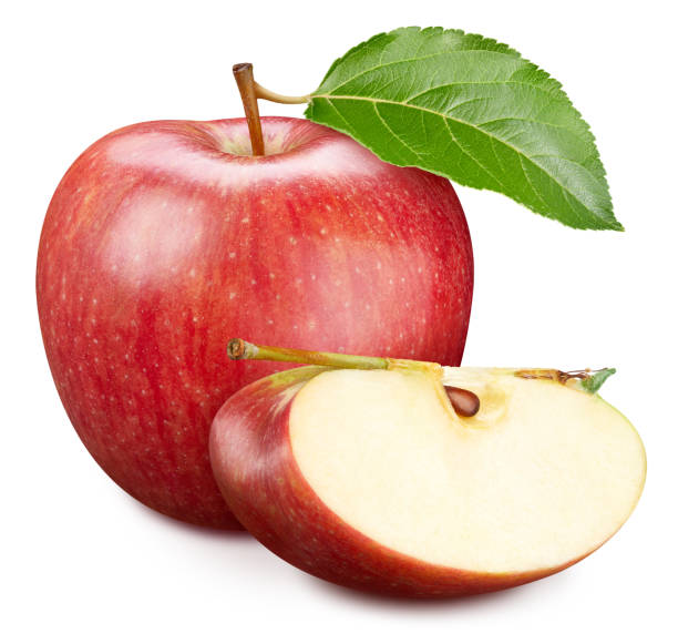 istock Apple fruit with apple slices and leaves isolated on white background 2119228315