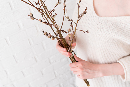 Hands of woman holding bouquet of willow branches at white brick wall background