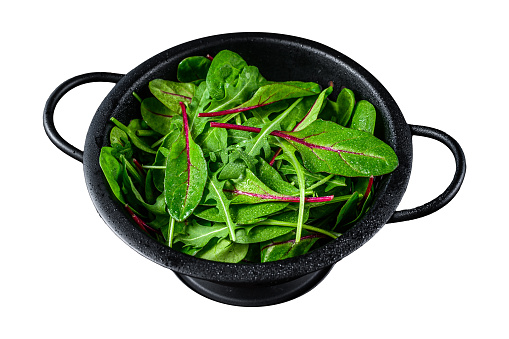 Fresh raw mixed greens, spinach, swiss chard and arugula.  Isolated on white background. Top view