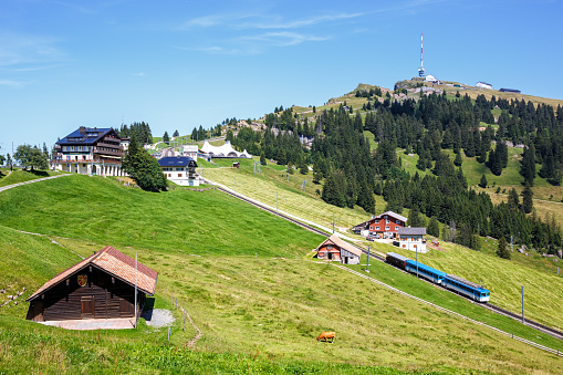View on Rigi mountain and Arth–Rigi railway line rack railway in Swiss Alps in Switzerland