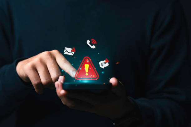 Fraud alert or smartphone Scam, System hacked warning alert on mobile. Cyber attack network, Virus, Spyware, Malware, Malicious software. Cyber security and cybercrime. warning notification.