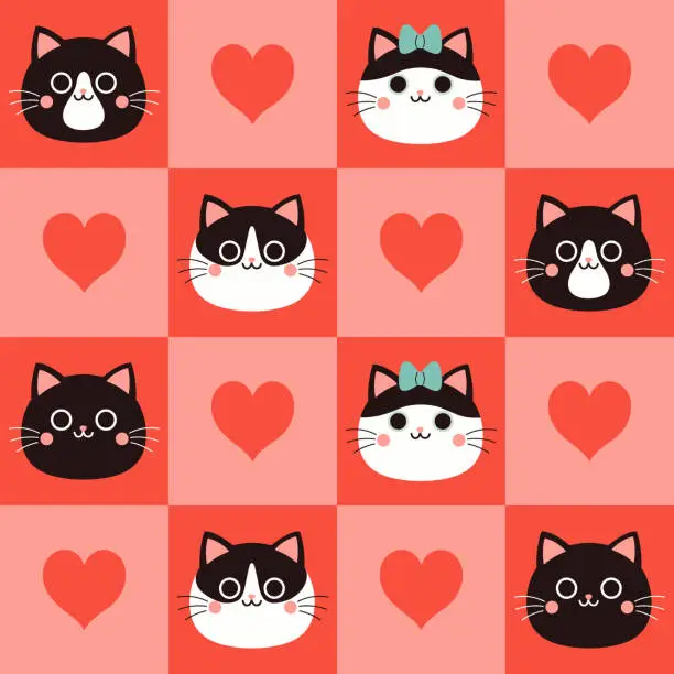Vector illustration of Seamless checkered pattern with cute cat faces and hearts. Vector graphics.