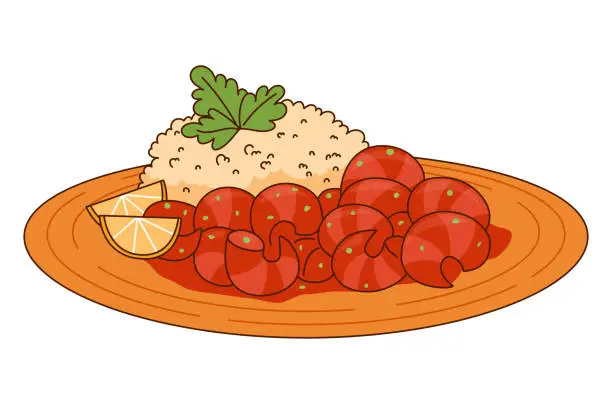 Vector illustration of Vector illustration of Mexican dish Camarones a la Diabla, spicy shrimp with rice