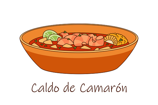 Tom Yum Kung - Caldo de Camaron - shrimp soup with lime traditional cuisine, vector illustration
